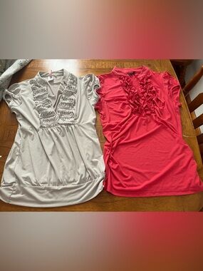 Qty-2 Women’s Ruffle V-Neck Top - Peachy (1) and Cream (1) size M/L